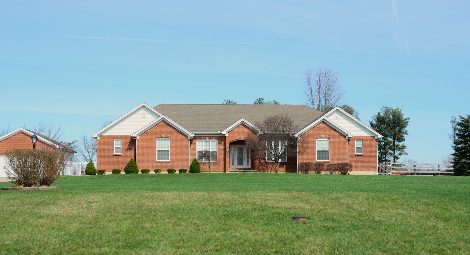 Brick home with a manicured front lawn, edged walks, and trimmed shrubs.